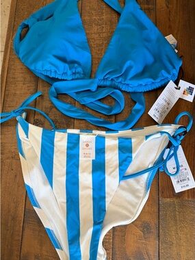 Shade & Shore Turquoise Blue Striped Bikini Set